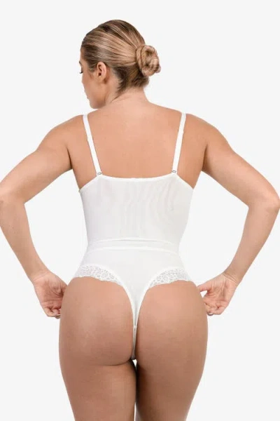 Popilush Shapewear Lace Deep V-neck Sculpting Thong Bodysuit In White