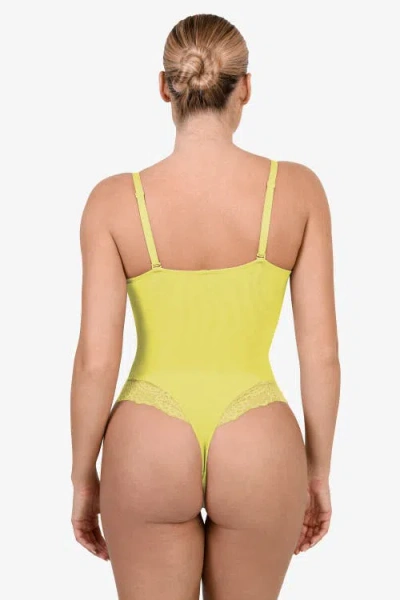 Popilush Shapewear Lace Deep V-neck Sculpting Thong Bodysuit In Lemon