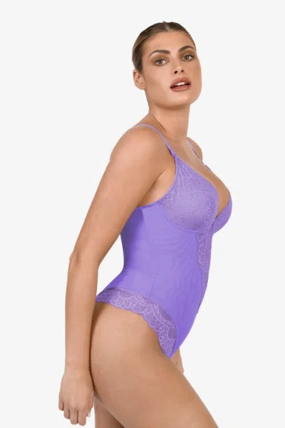 Popilush Shapewear Lace Deep V-neck Sculpting Thong Bodysuit In Wisteria