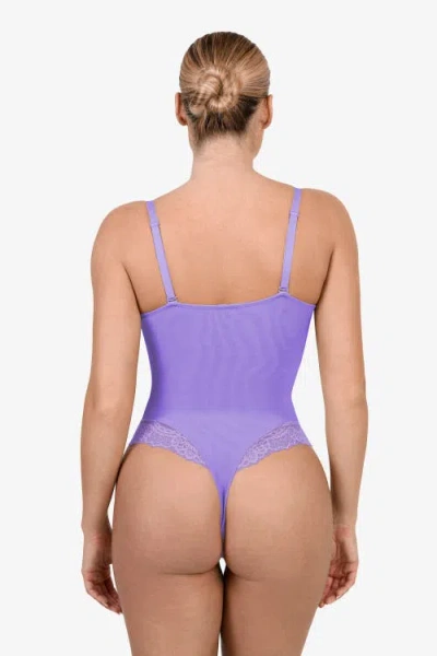 Popilush Shapewear Lace Deep V-neck Sculpting Thong Bodysuit In Wisteria