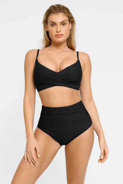 Popilush Shapewear Bust-enhancing Draped Bikini Top In Midnight Black