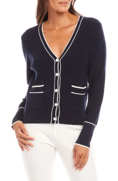 Karen Kane Contrast Trim Cardigan Sweater In Navy With Off White In Blue