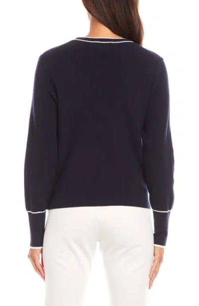 Karen Kane Contrast Trim Cardigan Sweater In Navy With Off White In Blue