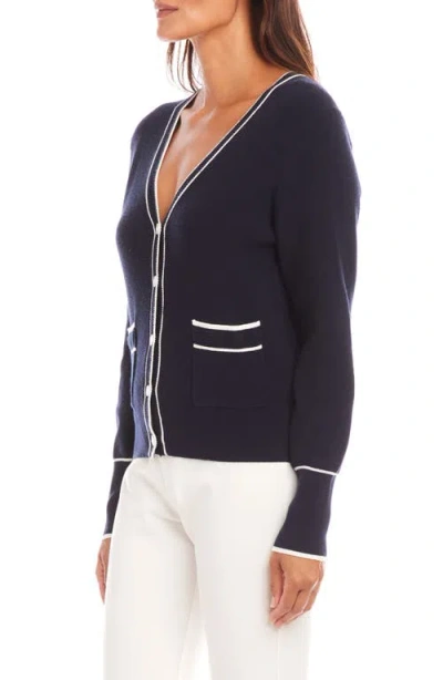 Karen Kane Contrast Trim Cardigan Sweater In Navy With Off White In Blue