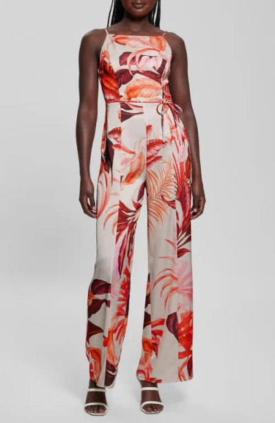 Guess Sana Satin Tie Waist Jumpsuit In Tropic Eclipse Print