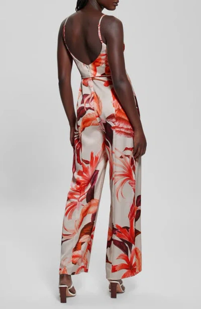 Guess Sana Satin Tie Waist Jumpsuit In Tropic Eclipse Print