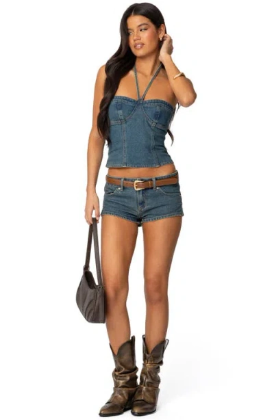 Edikted Jagger Low Rise Denim Shorts In Blue-washed