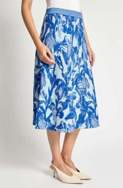 Misook Heritage-fit Floral Jacquard Knit Midi Skirt In Aegean Blue/aquatic