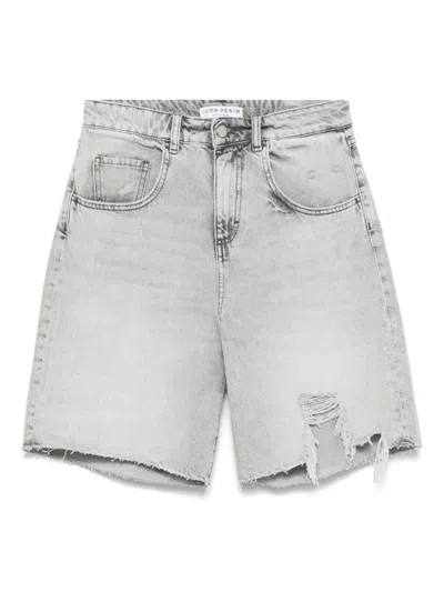 Icon Denim 'lea' Grey Bermuda Pants With Front Ripped Details And Logo Patch On The Rear In Navy