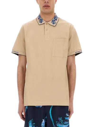 Shop Versace Jeans Couture Polo Shirt With Baroque Outline Collar In Beige