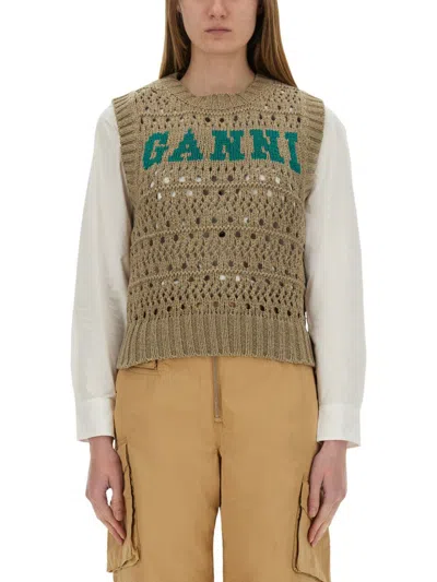 Ganni Perforated Vest With Logo Inlay In Green