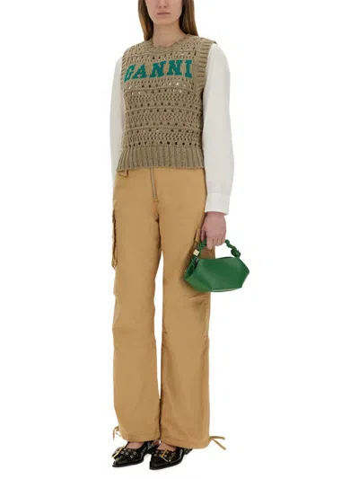 Ganni Perforated Vest With Logo Inlay In Green