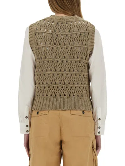 Ganni Perforated Vest With Logo Inlay In Green