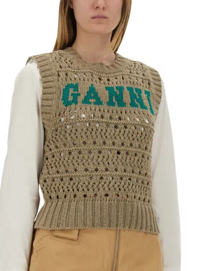 Ganni Perforated Vest With Logo Inlay In Green