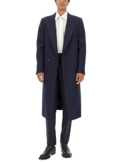 Alexander Mcqueen Tailored Wool Coat With Back Slit In Blue