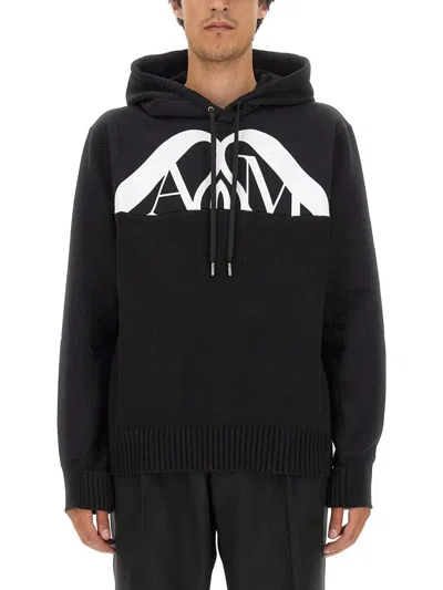 Alexander Mcqueen Drawstring Hooded Sweater With Ribbed Hem And Cuffs In Black