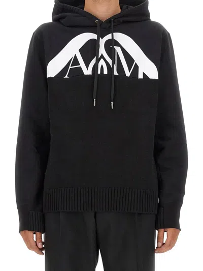 Alexander Mcqueen Drawstring Hooded Sweater With Ribbed Hem And Cuffs In Black