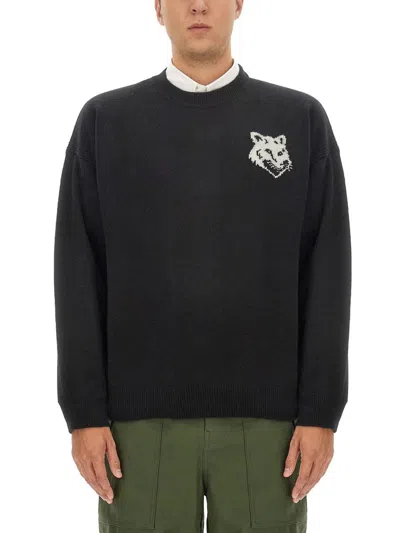 Maison Kitsuné Crew Neck Sweater With Large Fox Embroidery Black In Black