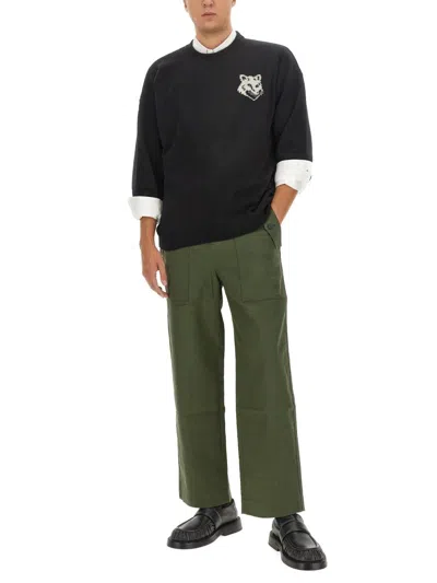 Maison Kitsuné Crew Neck Sweater With Large Fox Embroidery Black In Black