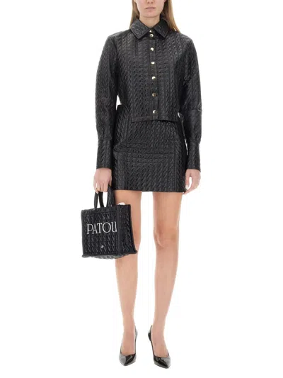 Patou Cropped Textured Collared Jacket With Cuffed Sleeves In Black