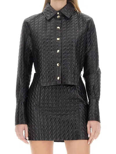 Patou Cropped Textured Collared Jacket With Cuffed Sleeves In Black