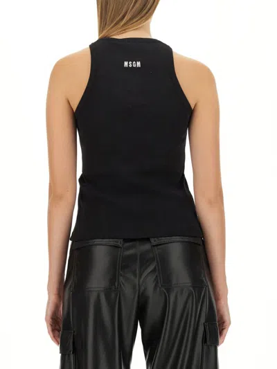 Msgm Fitted Sleeveless Ribbed Cotton Top With Embroidered Detail In Black