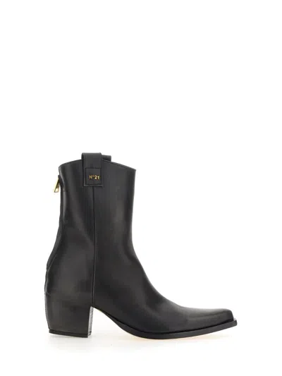 N°21 Pointed Toe Leather Boots With Block Heel In Black