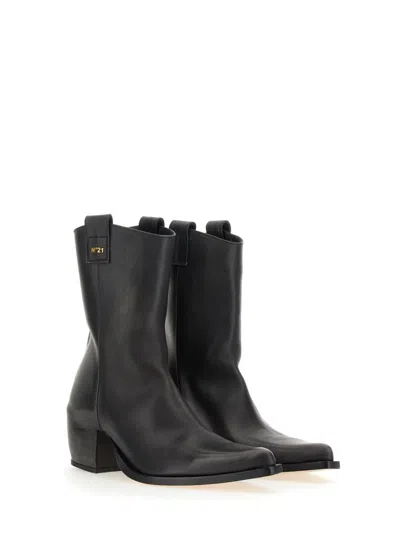 N°21 Pointed Toe Leather Boots With Block Heel In Black