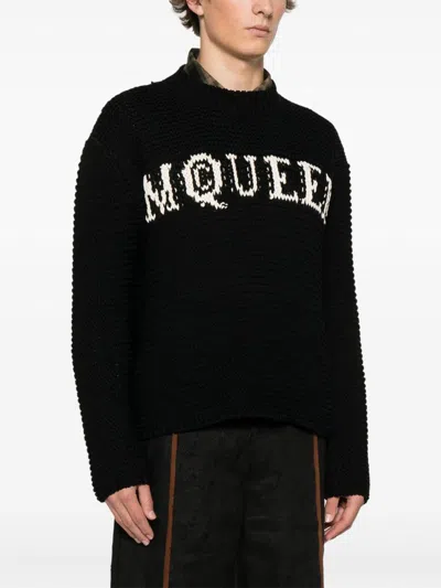Alexander Mcqueen Logo Crewneck Cotton Sweater In Black