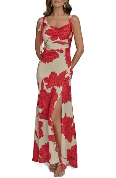 Donna Karan Satin Floral Draped Neck Gown In Sahara Red