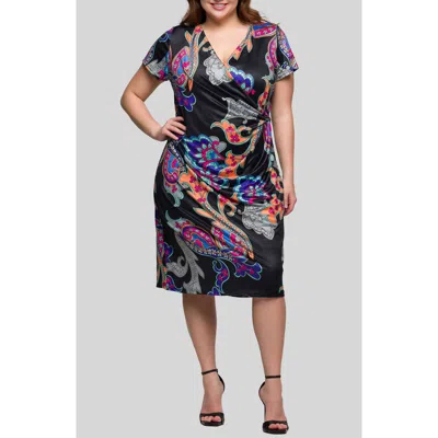 24seven Comfort Apparel Women's Paisley Knee Length Short Sleeve Faux Wrap Dress In Multi