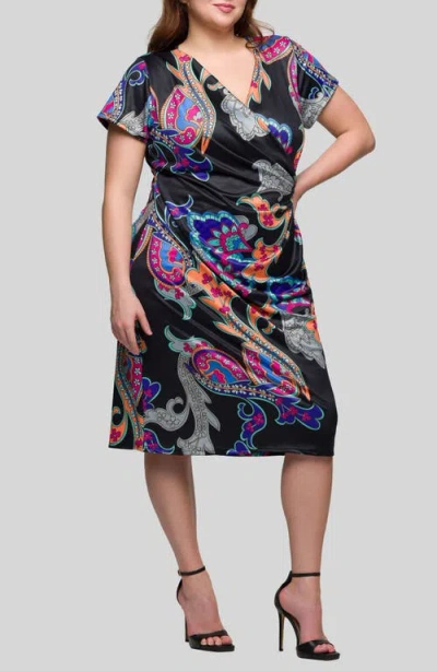 24seven Comfort Apparel Women's Paisley Knee Length Short Sleeve Faux Wrap Dress In Multi