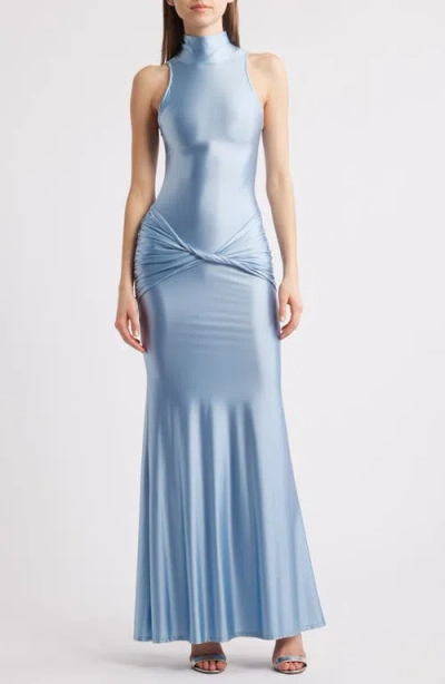 Delfi Collective Roya Ruched Twisted Satin Gown In Saphire