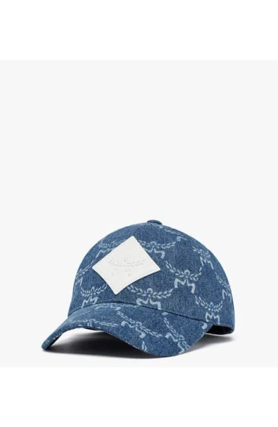 Mcm Lauretos Monogram Denim Baseball Cap In Blue