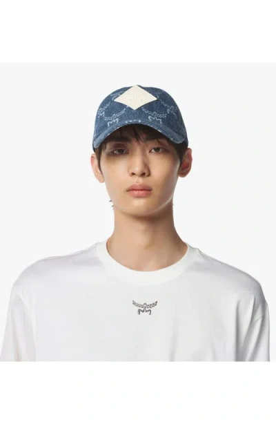 Mcm Lauretos Monogram Denim Baseball Cap In Blue
