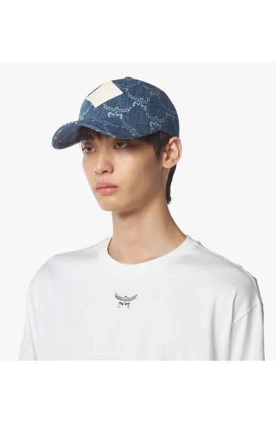 Mcm Lauretos Monogram Denim Baseball Cap In Blue