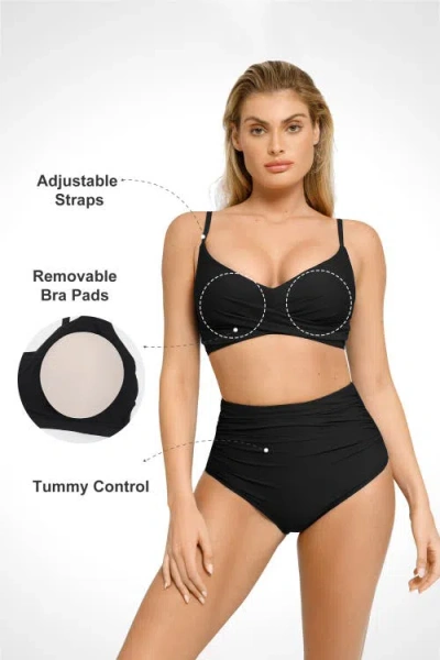 Popilush Shapewear Ruched Sculpting Bikini Bottom In Midnight Black