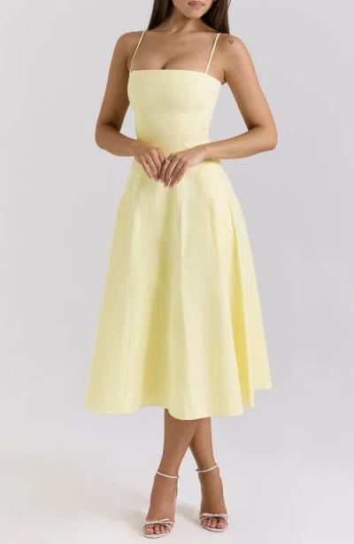 House Of Cb Dolly Seamed Stretch Cotton Twill Midi Sundress In Lemon Icing