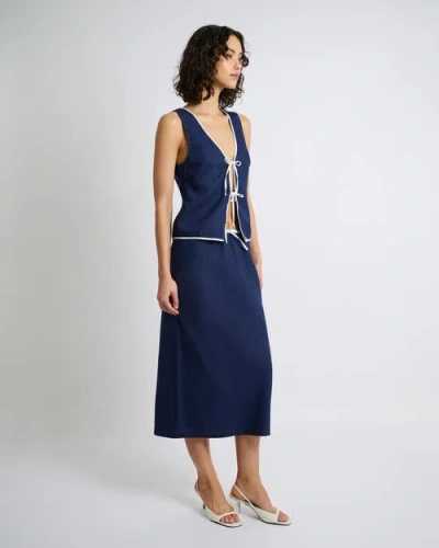 Onia Air Linen Midi Skirt In Deep Navy/white