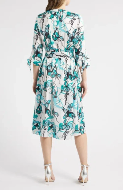 Ming Wang Abstract Print Tie Waist A-line Midi Dress In Emerald Awe Multi
