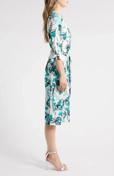 Ming Wang Abstract Print Tie Waist A-line Midi Dress In Emerald Awe Multi