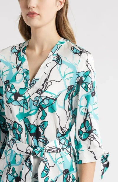 Ming Wang Abstract Print Tie Waist A-line Midi Dress In Emerald Awe Multi