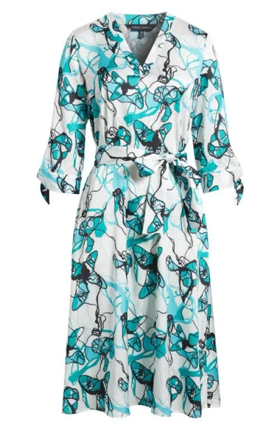 Ming Wang Abstract Print Tie Waist A-line Midi Dress In Emerald Awe Multi