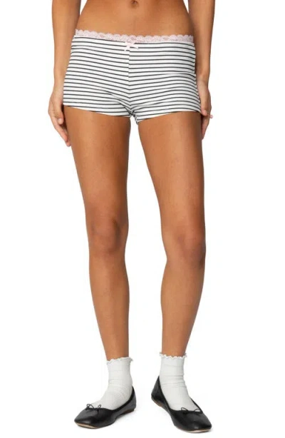 Edikted Sofi Striped Ribbed Shorts In White-and-black