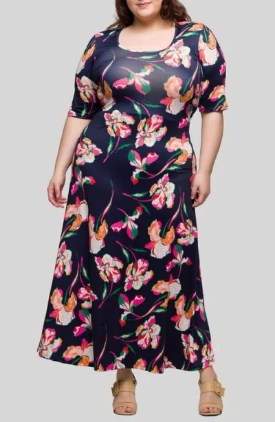 24seven Comfort Apparel Plus Size Print Elbow Sleeve Casual A-line Maxi Dress In Navy Multi