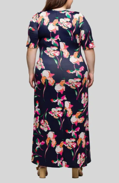 24seven Comfort Apparel Plus Size Print Elbow Sleeve Casual A-line Maxi Dress In Navy Multi