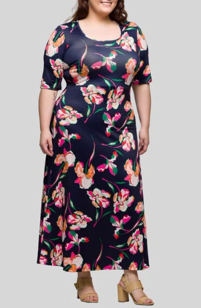 24seven Comfort Apparel Plus Size Print Elbow Sleeve Casual A-line Maxi Dress In Navy Multi