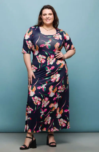 24seven Comfort Apparel Plus Size Print Elbow Sleeve Casual A-line Maxi Dress In Navy Multi