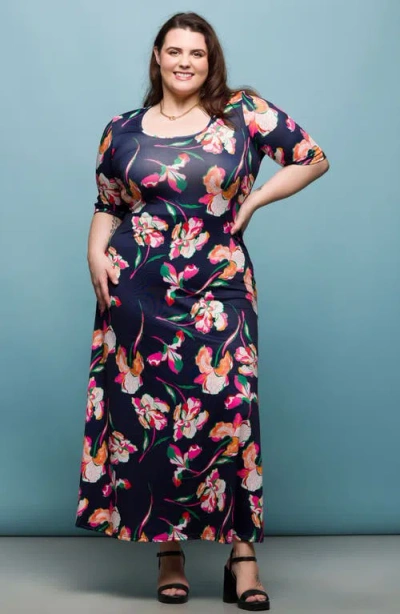 24seven Comfort Apparel Plus Size Print Elbow Sleeve Casual A-line Maxi Dress In Navy Multi