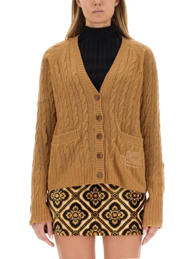 Etro Cable Knit V-neck Cardigan Pockets In Beige